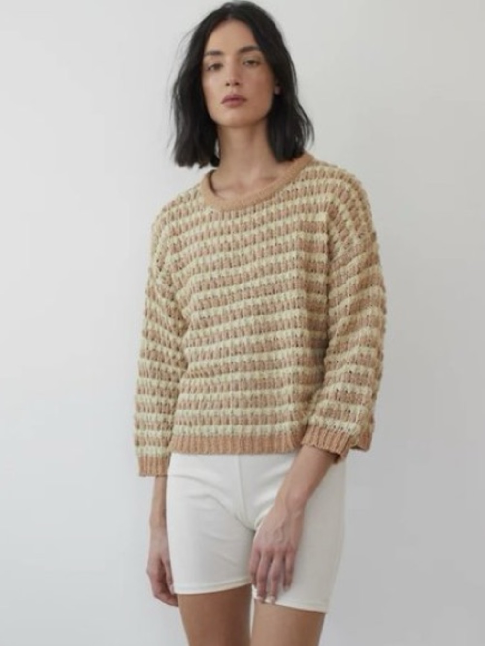 Wol Hide Cream & Beige Textured Crewneck Sweater Cotton/Linen Crochet S/M
